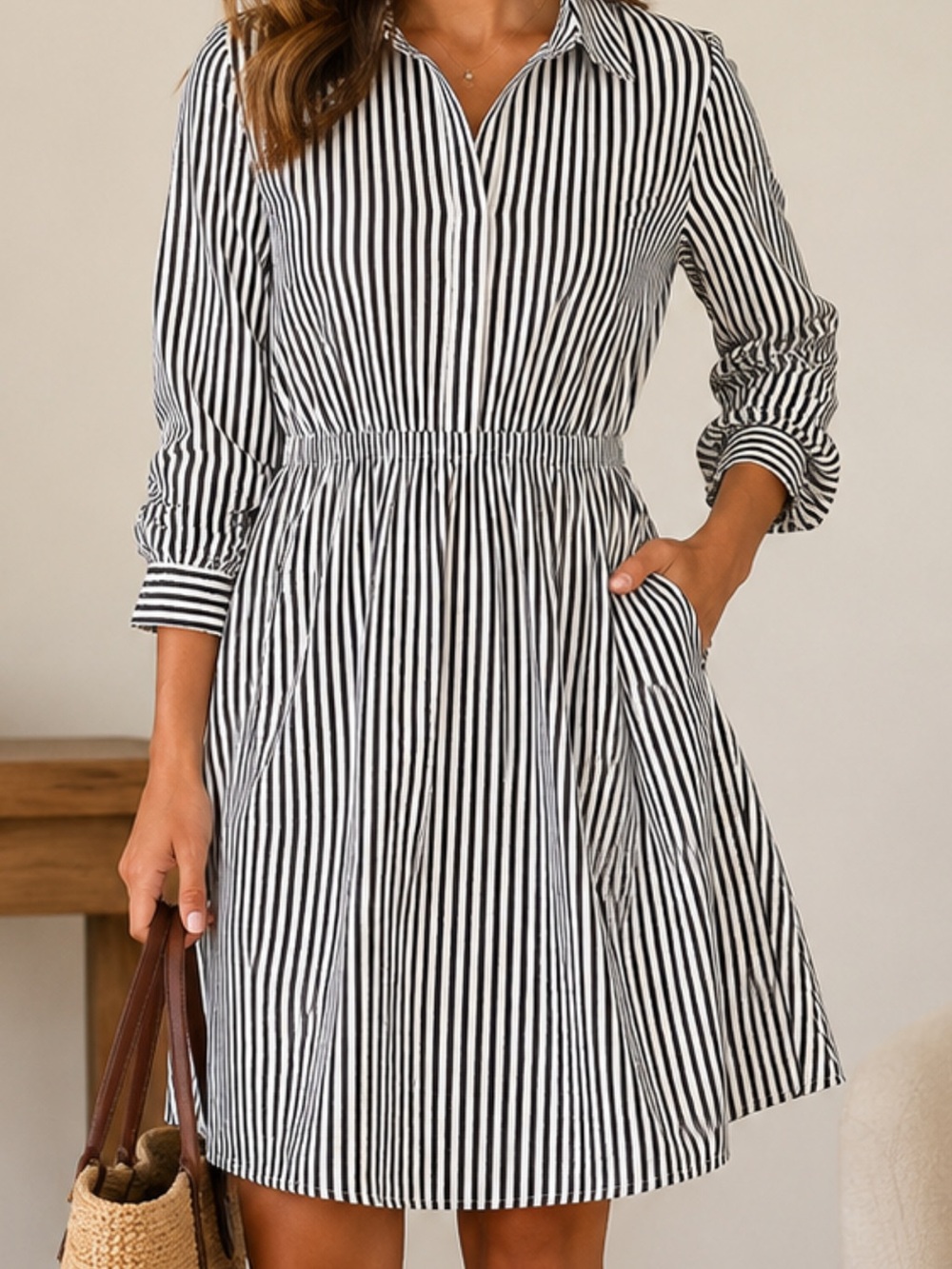 Lane Bryant Black and White Vertical Stripe Long Sleeve Shirt Dress